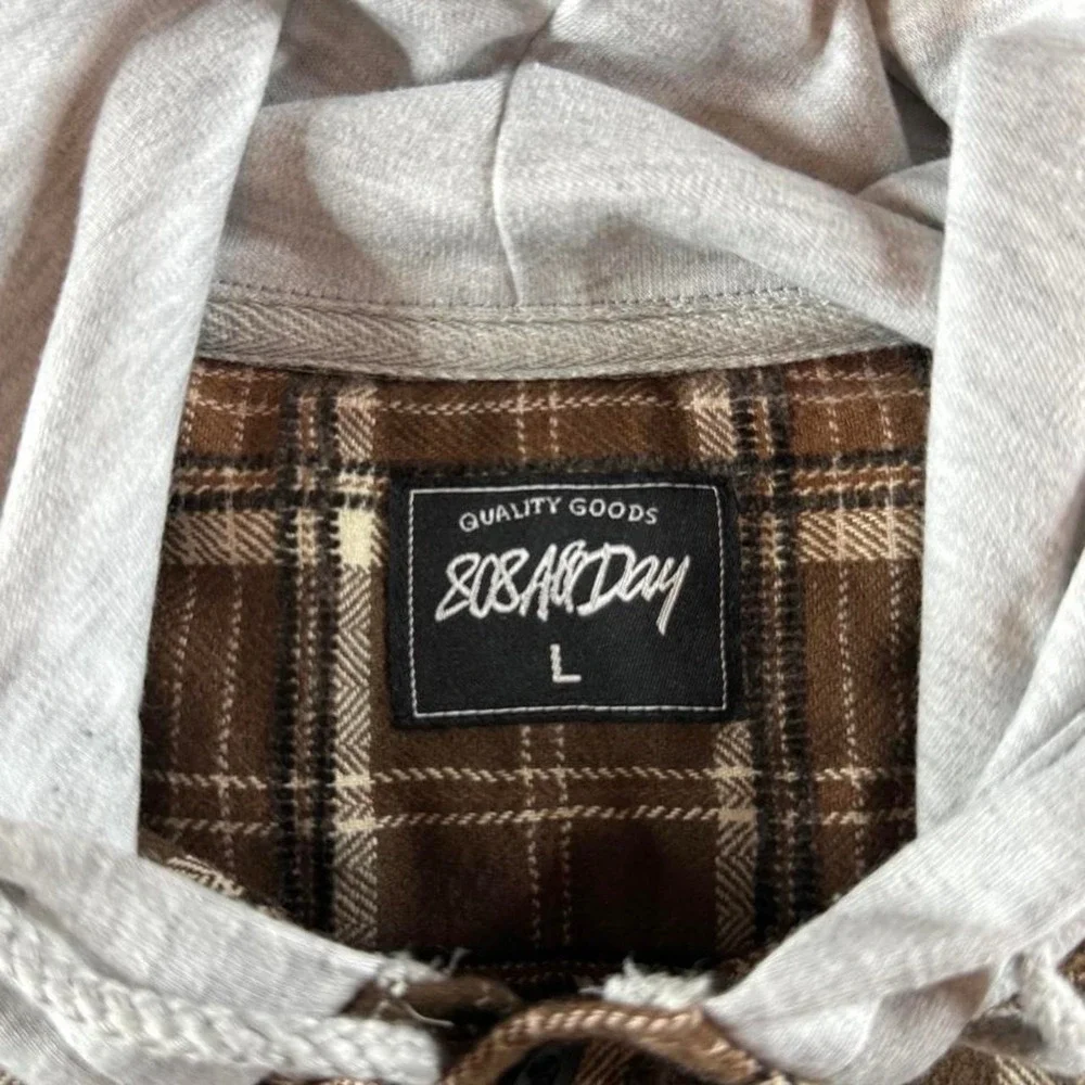 808AllDay Hooded Flannel Shirt Jacket Brown Plaid Shacket Skate Streetwear